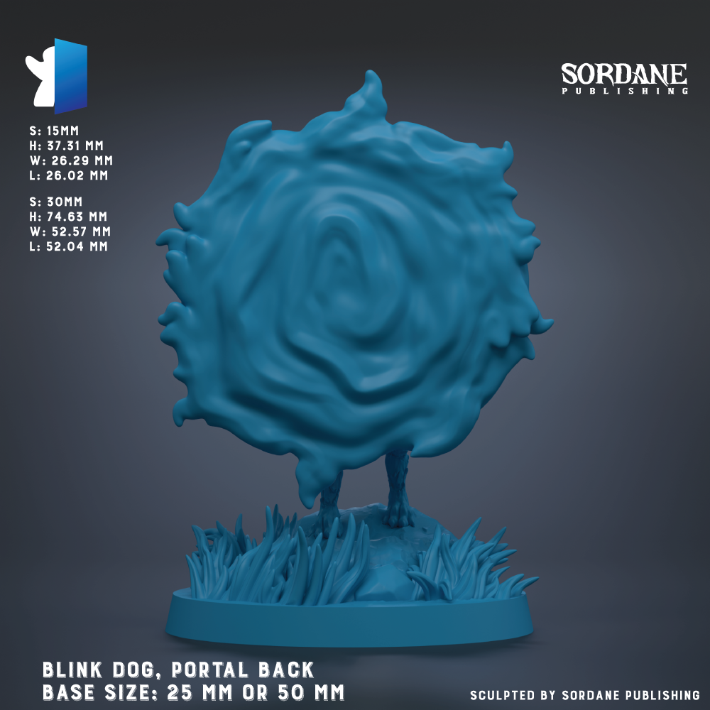 The image is a 3D rendering of a blue, wavy, and textured object resembling a portal back or a portal-like structure. The object appears to be a sculpture or model, and it is placed on a base that is described as either 25 mm or 50 mm in size. The image is published by Sordane Publishing, and it is a collaboration between Sordane and a company called "Blink Dog".