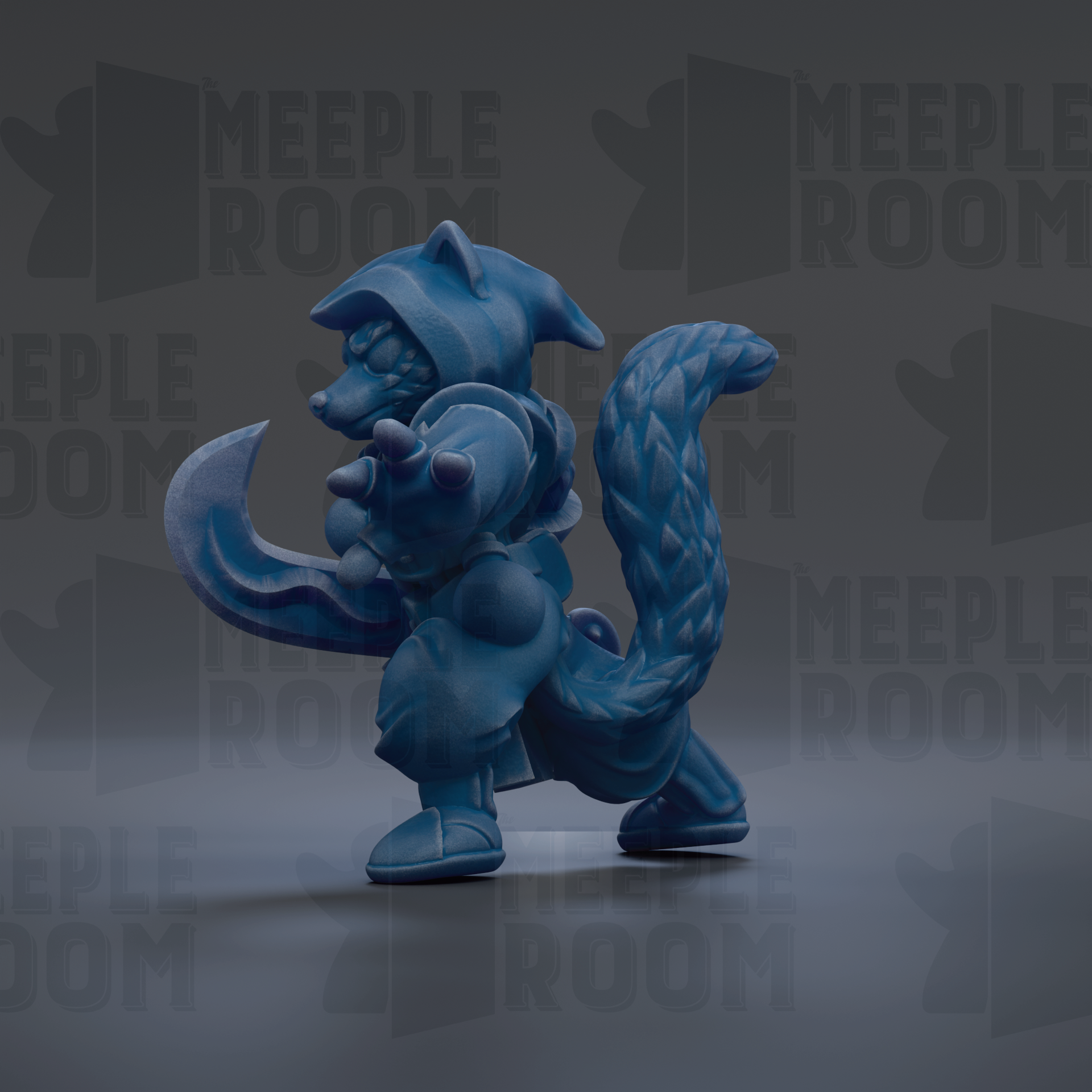 A blue, cartoonish-looking creature with a pointed hat and a long tail, standing on one leg and holding a weapon.