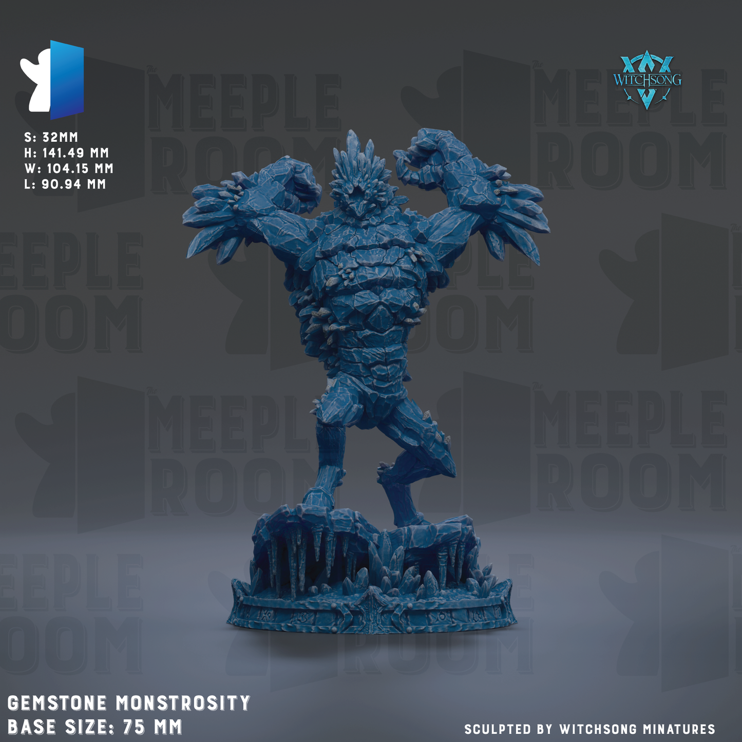 a large, blue, stone-like monster figurine with a muscular build and sharp claws, standing on a base. The monster appears to be a gemstone monstrosity, with the base size being 78 mm. The image is a sculpture by Witchesong Miniatures.