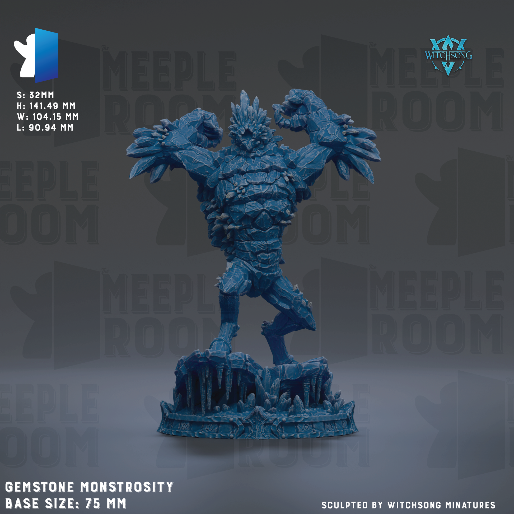 a large, blue, stone-like monster figurine with a muscular build and sharp claws, standing on a base. The monster appears to be a gemstone monstrosity, with the base size being 78 mm. The image is a sculpture by Witchesong Miniatures.