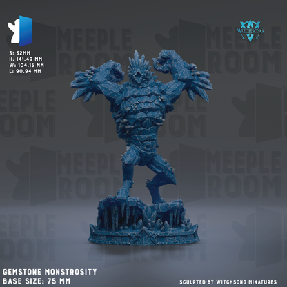 a large, blue, stone-like monster figurine with a muscular build and sharp claws, standing on a base. The monster appears to be a gemstone monstrosity, with the base size being 78 mm. The image is a sculpture by Witchesong Miniatures.