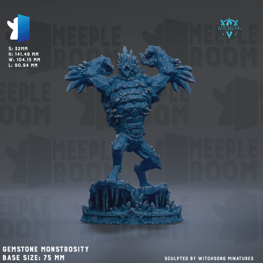a large, blue, stone-like monster figurine with a muscular build and sharp claws, standing on a base. The monster appears to be a gemstone monstrosity, with the base size being 78 mm. The image is a sculpture by Witchesong Miniatures.