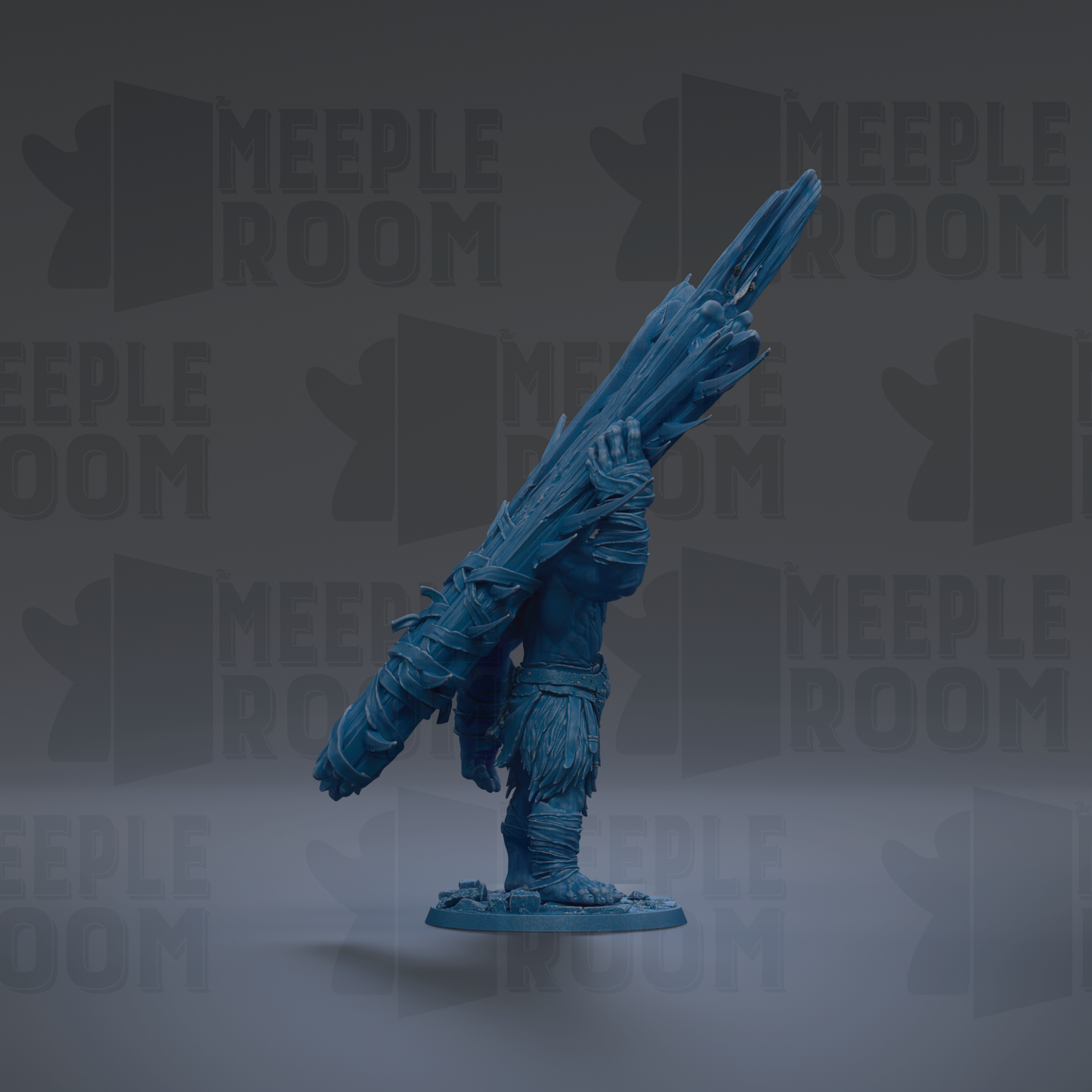 A blue figurine of a person holding a large, curved object, possibly a weapon or tool, against a dark background with repeated text.