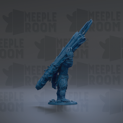 A blue figurine of a person holding a large, curved object, possibly a weapon or tool, against a dark background with repeated text.
