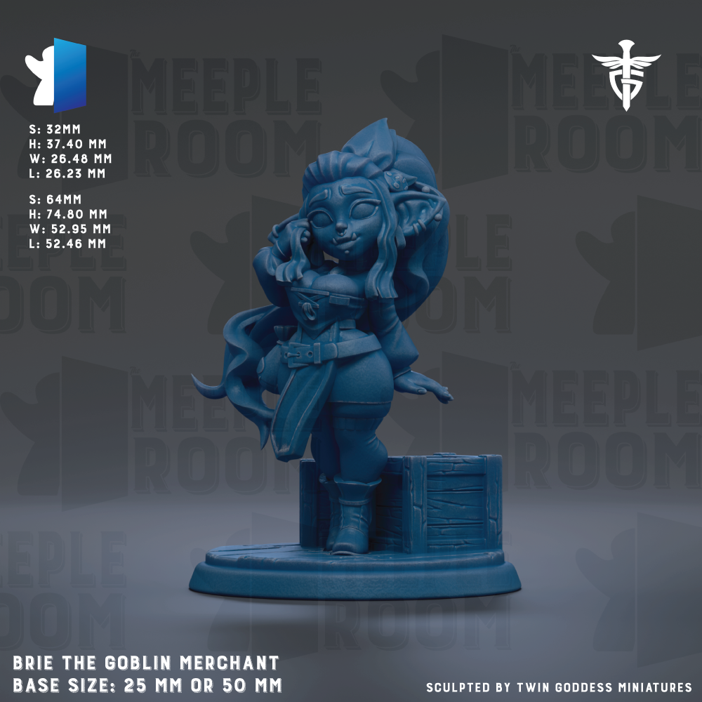 a figurine of a character named Brie the Goblin Merchant, which is a small, blue-colored figurine of a character from the video game Meeple Room. The figurine is standing on a base that is either 25mm or 50mm in size.
