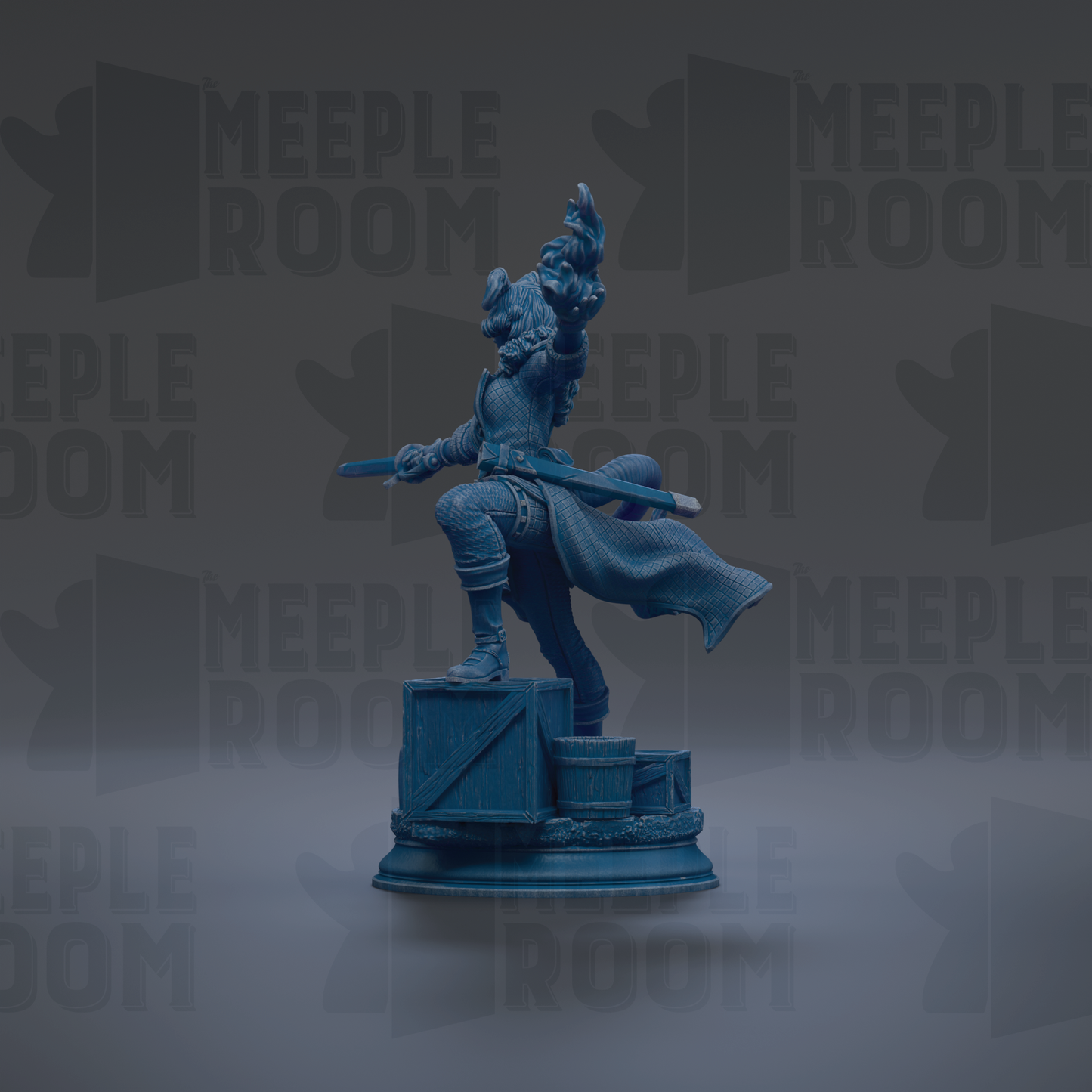 A blue statue of a person holding a sword and standing on a pedestal.