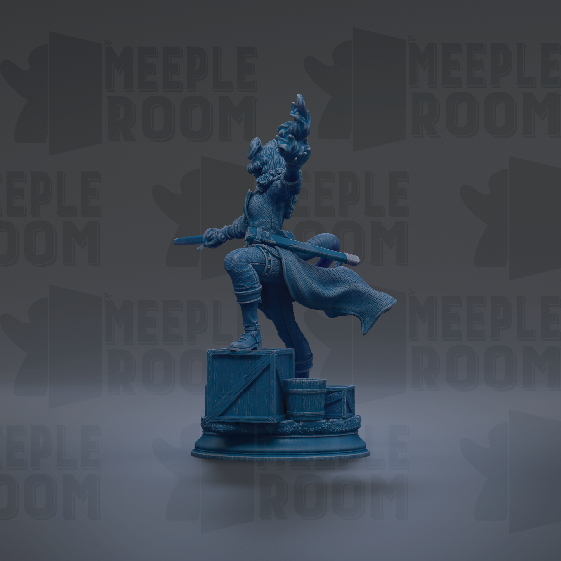 A blue statue of a person holding a sword and standing on a pedestal.