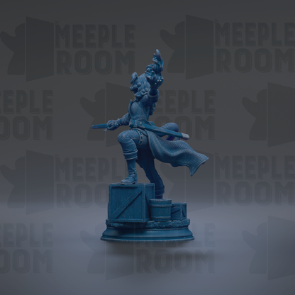 A blue statue of a person holding a sword and standing on a pedestal.