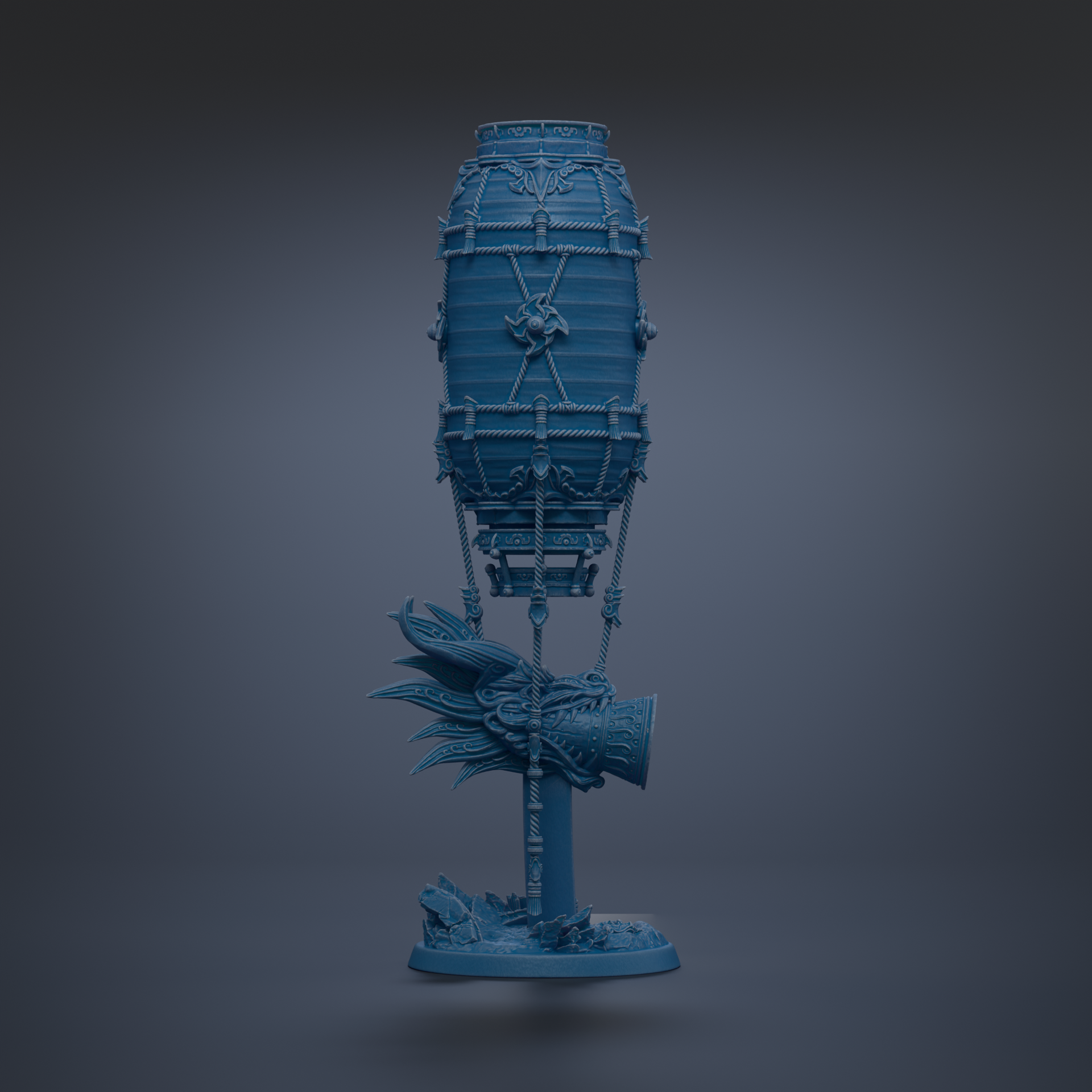 A blue, ornate lantern-like object with intricate designs and patterns, standing on a base with a dragon head figure.