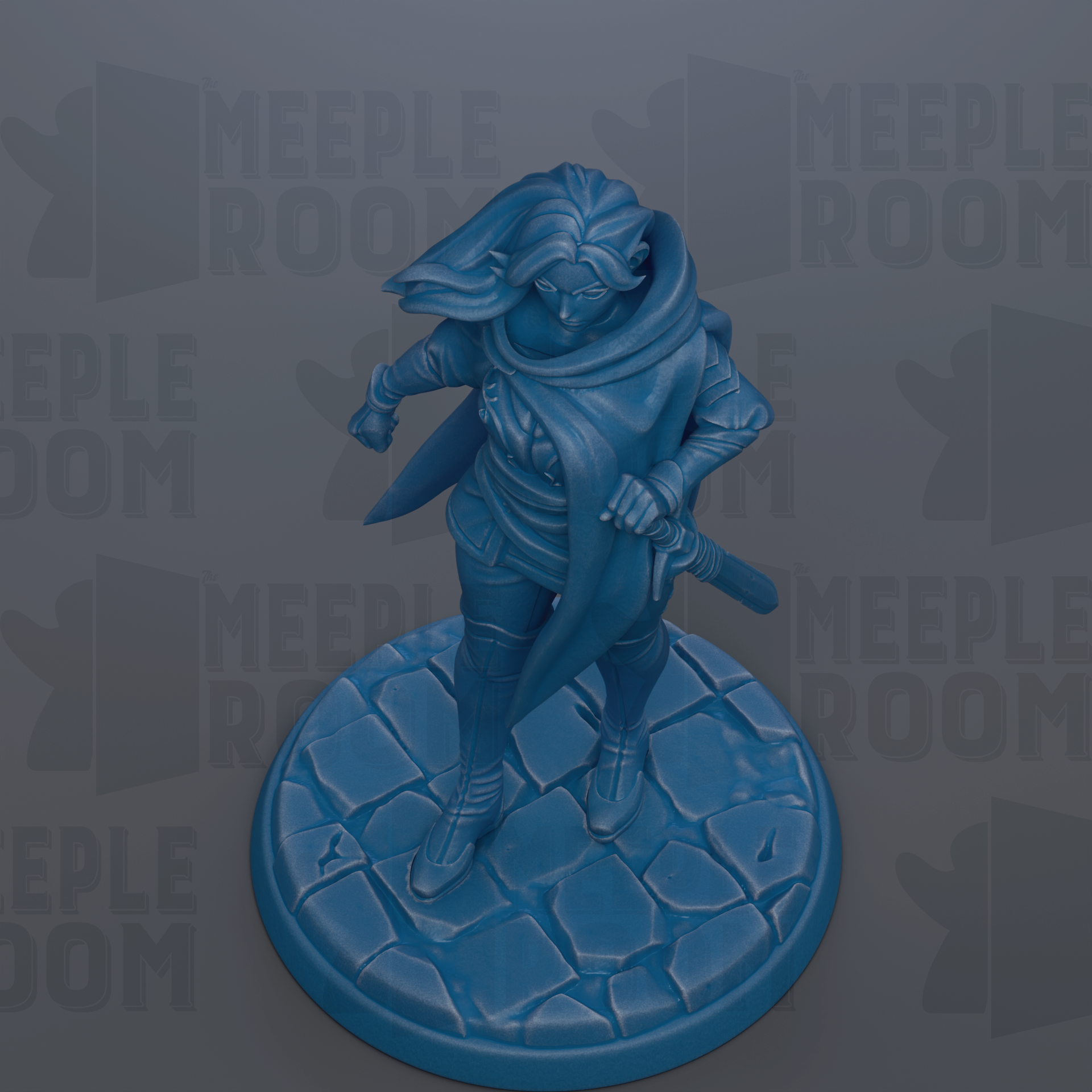 A blue figurine of a person standing on a stone base, holding a sword and wearing a cape.