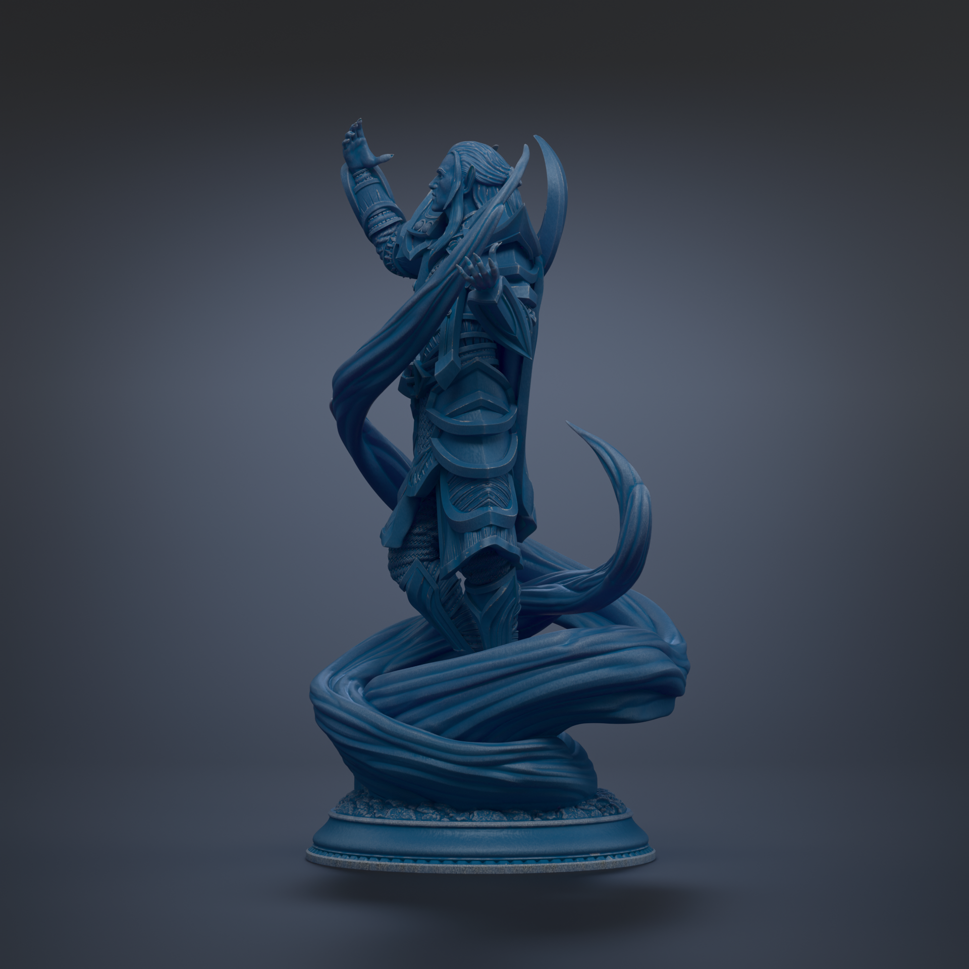 A blue statue of a figure with a sword and flowing robes, standing on a pedestal against a dark background.