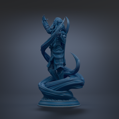 A blue statue of a figure with a sword and flowing robes, standing on a pedestal against a dark background.