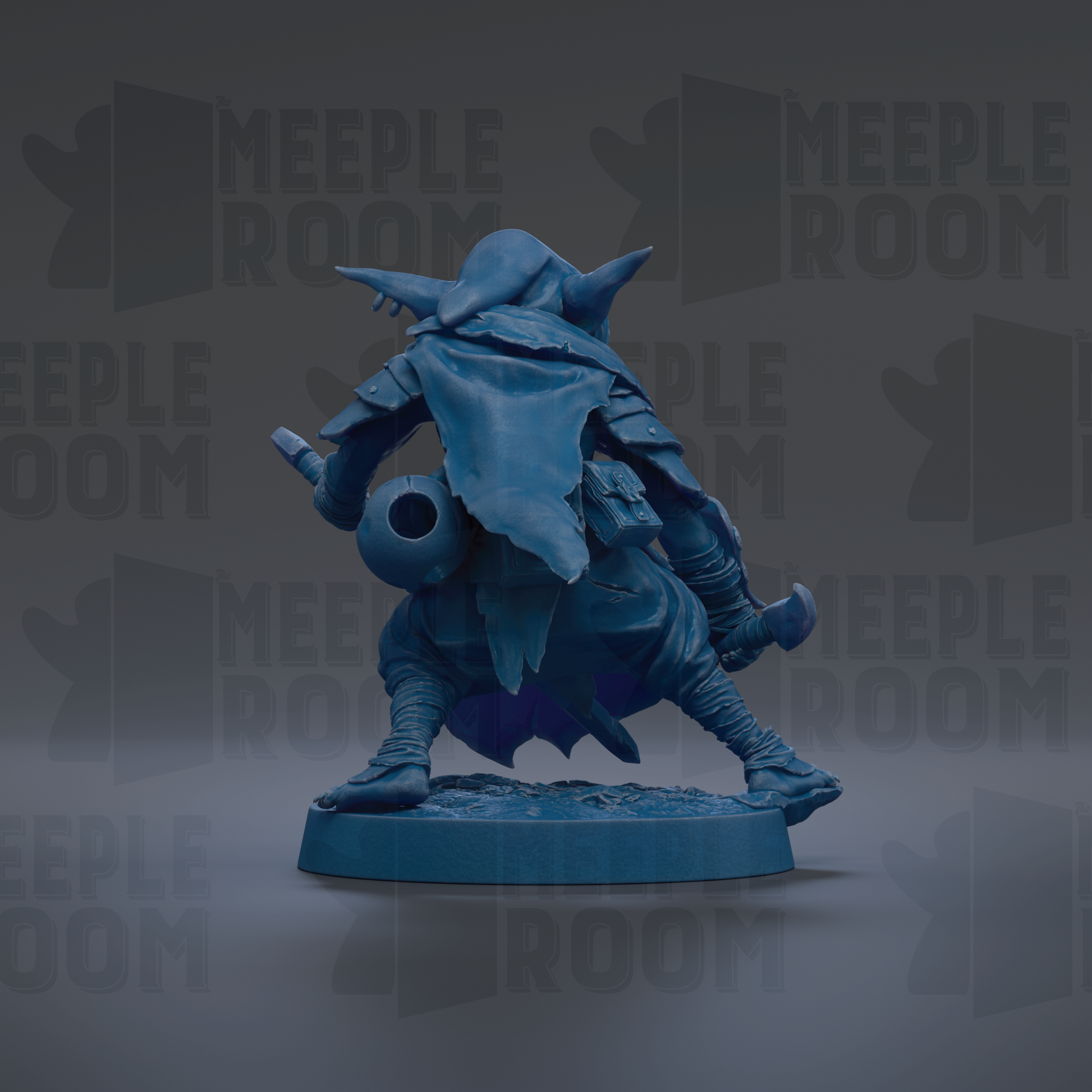A blue figurine of a creature with horns and a long tail, standing on a base and holding a weapon.