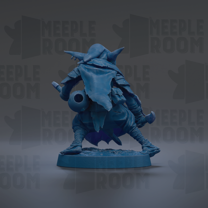 A blue figurine of a creature with horns and a long tail, standing on a base and holding a weapon.