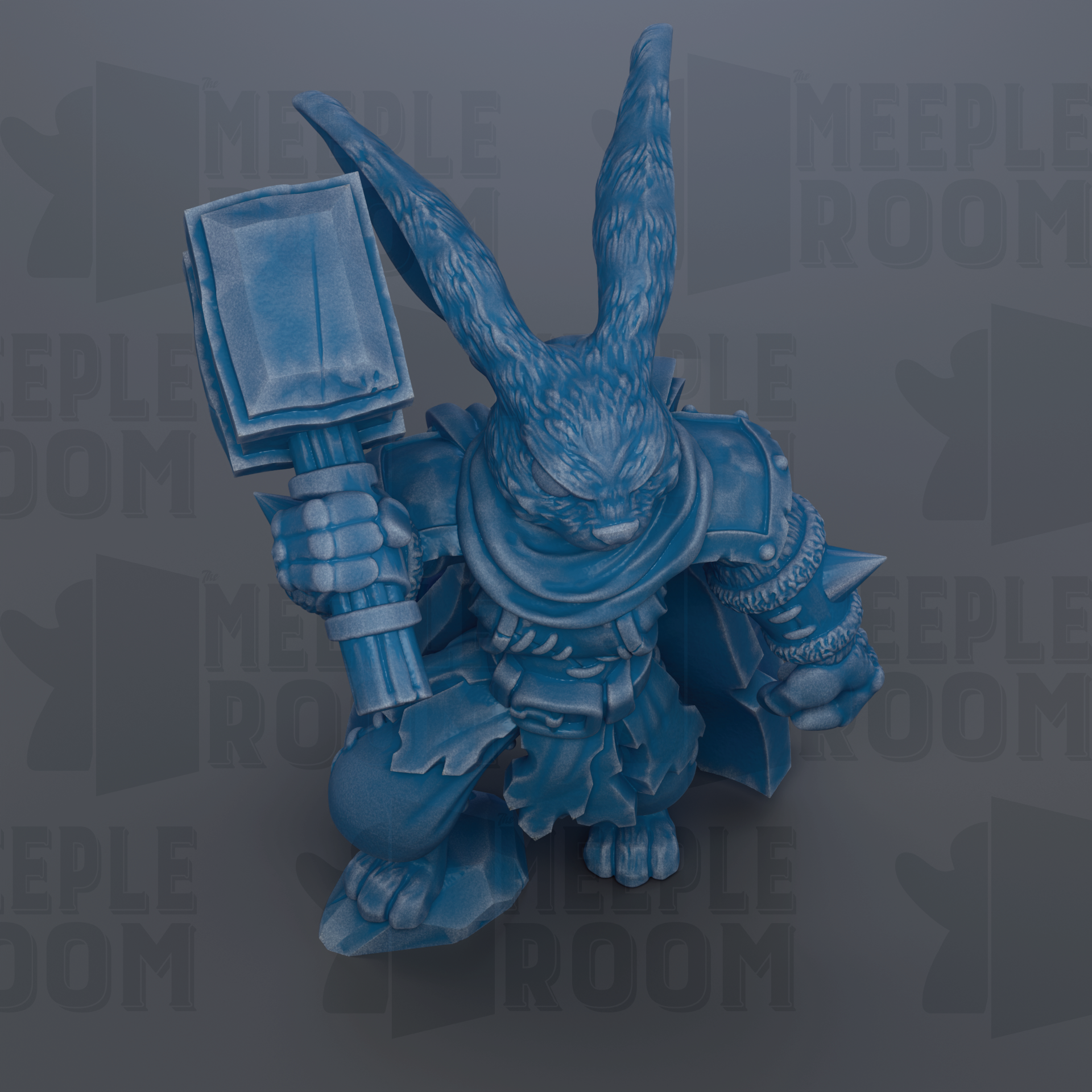 A blue, furry creature holding a large hammer in its hands, standing on one leg against a dark background with repeated text.