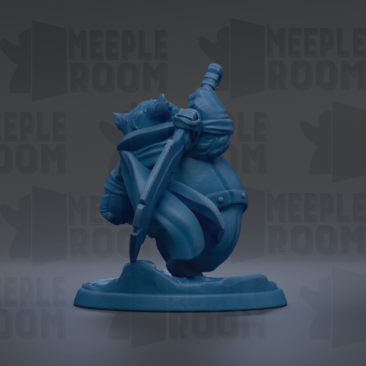 A blue figurine of a character with a sword and shield, standing on a base.