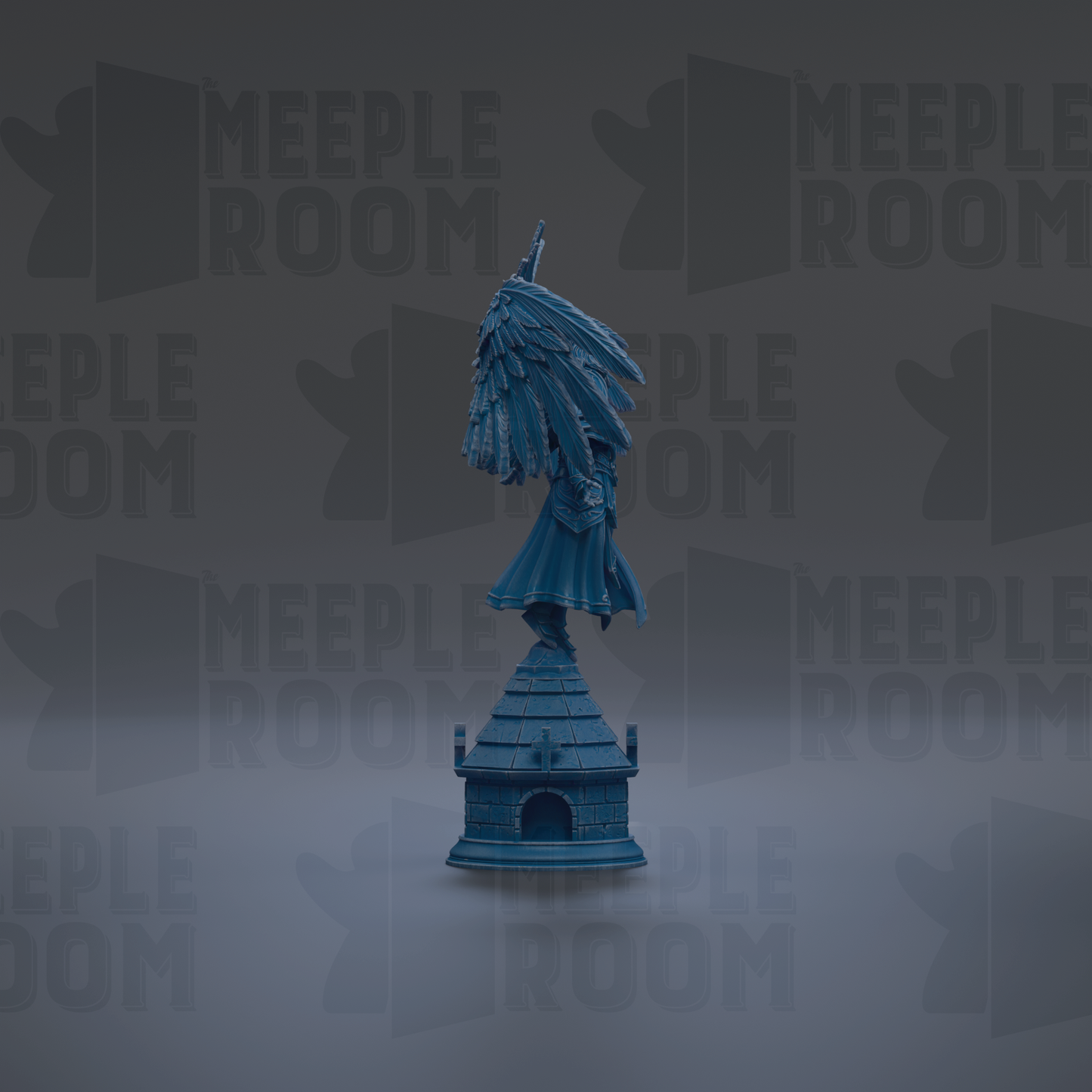 A blue statue of a winged figure stands on a small building against a dark background with repeated "MEIPLROOM" text.