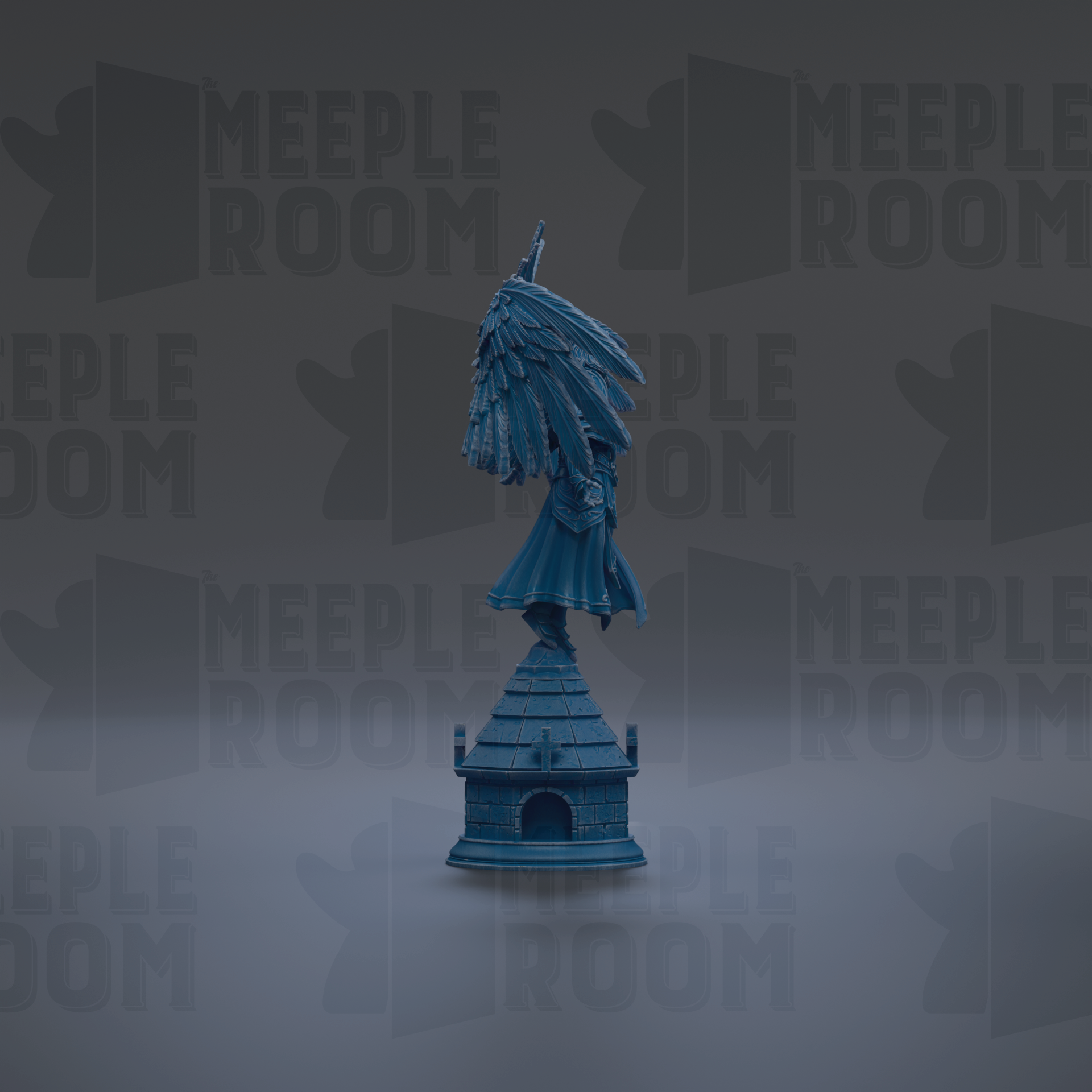 A blue statue of a winged figure stands on a small building against a dark background with repeated "MEIPLROOM" text.