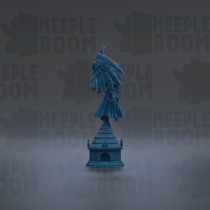 A blue statue of a winged figure stands on a small building against a dark background with repeated "MEIPLROOM" text.