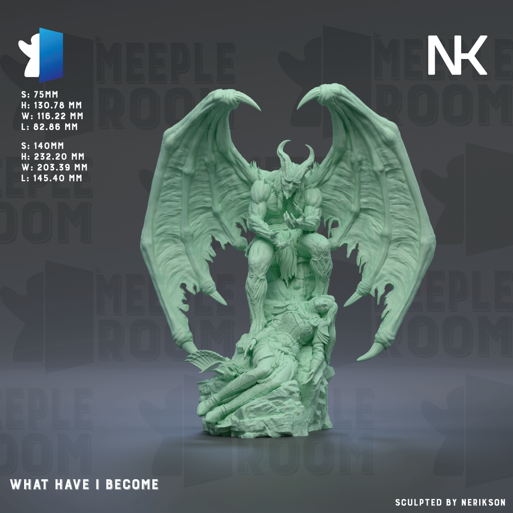 a large, detailed statue of a winged, horned figure with a human-like body, sitting on a rock and holding a human-like figure in its hands. The statue appears to be a representation of a deity or a mythical creature, with intricate details and a sense of power and majesty.
