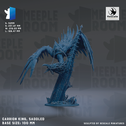 The image is a detailed 3D model of a winged creature, possibly a dragon or mythical creature, with a long neck and sharp talons. The creature is depicted in a dynamic pose, with its wings spread wide and its head turned to the side. The base size of the model is 100 millimeters. The image is a sculpture, and it is created by Rescale miniatures.