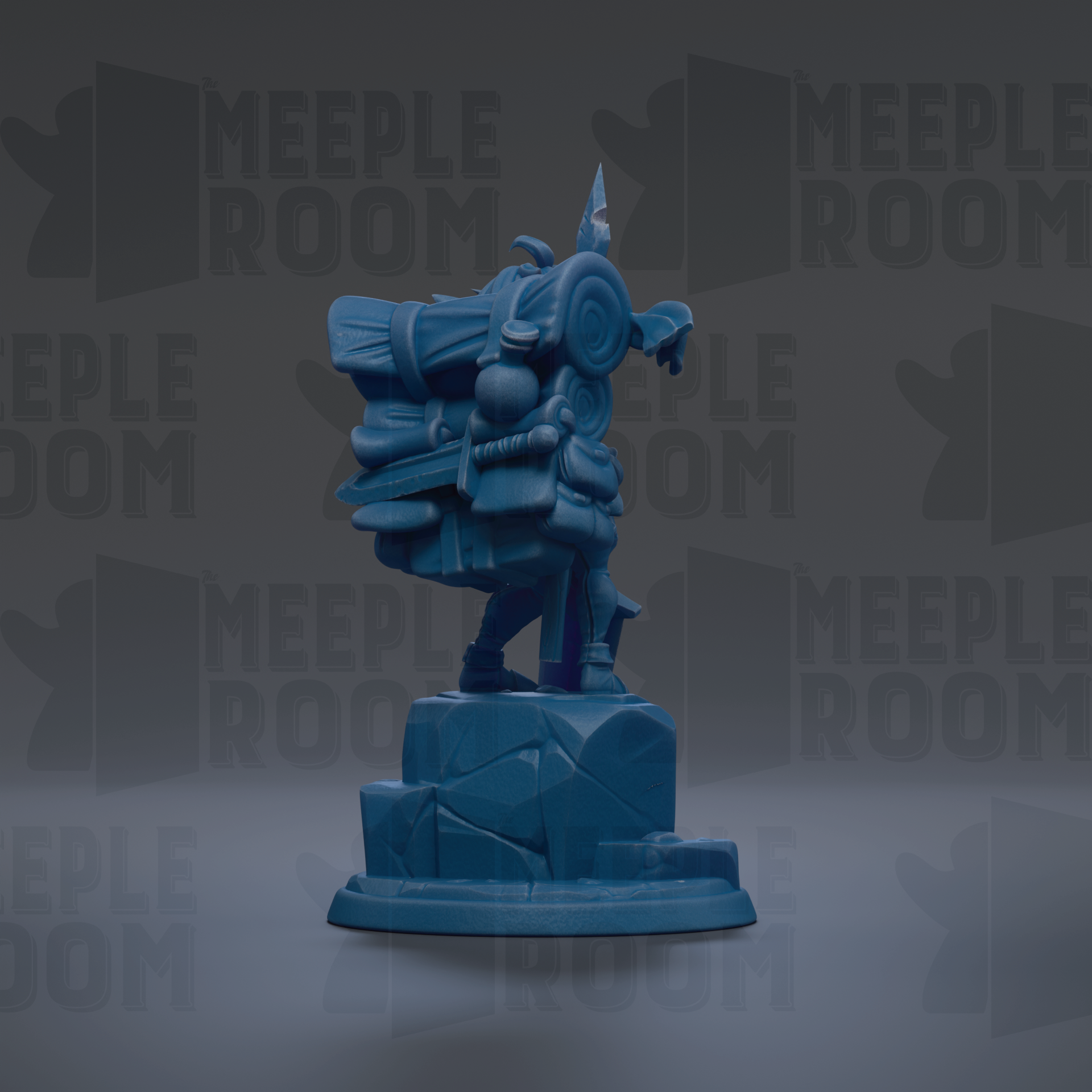 A blue figurine of a person standing on a rock, with various objects attached to it, against a dark background with repeated text.