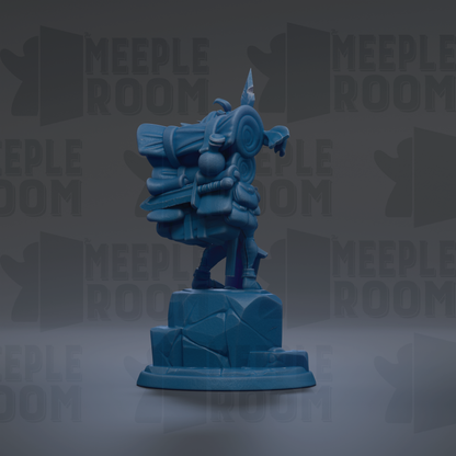 A blue figurine of a person standing on a rock, with various objects attached to it, against a dark background with repeated text.