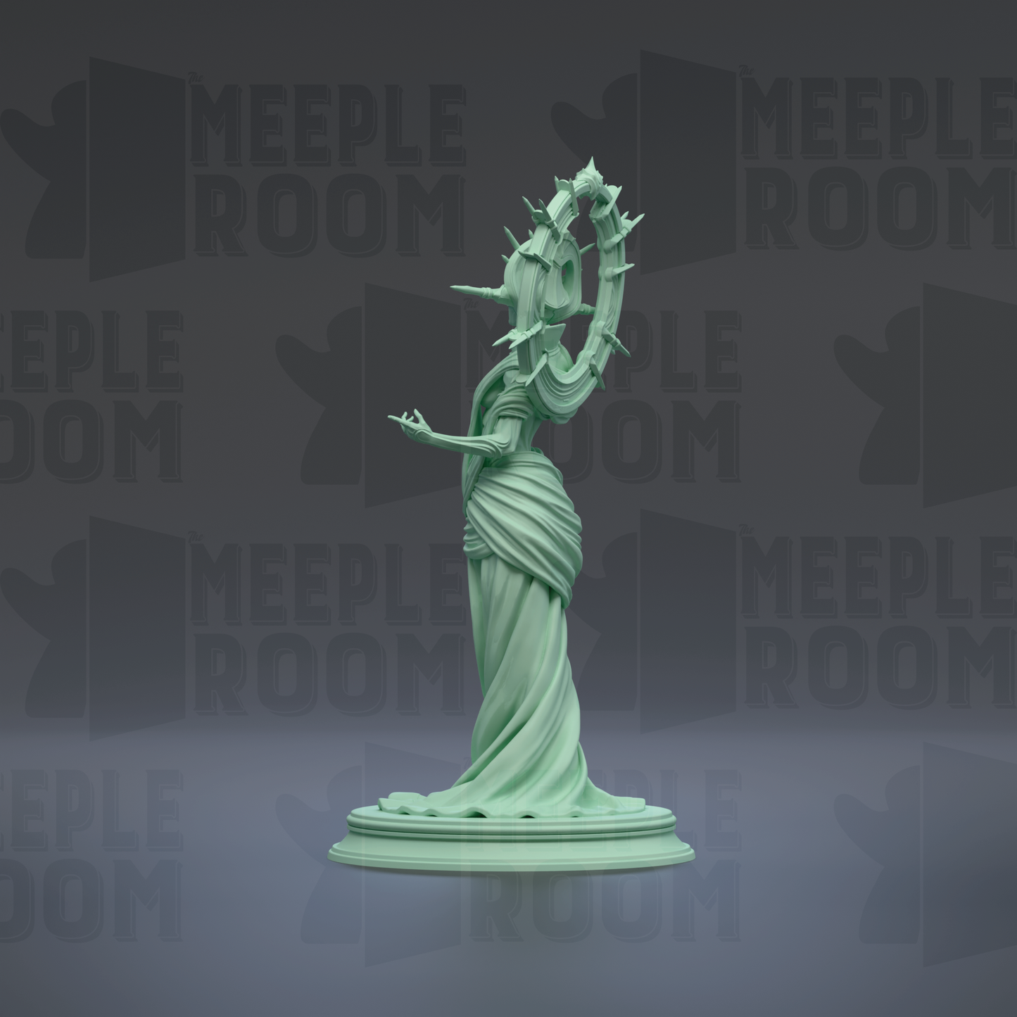 A statue of the Statue of Liberty, a famous American landmark, is displayed against a dark background with repeated text.