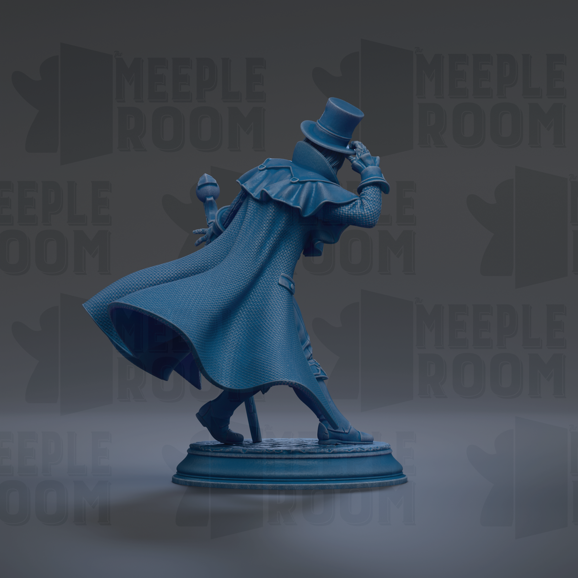 A blue statue of a person wearing a top hat and coat, holding a cane, standing on a pedestal.