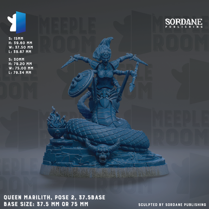 The image is a detailed statue of a female warrior, Queen Marilith, posed on a base. The statue is blue and depicts the warrior in a dynamic pose, with a shield and sword in hand. The base size of the statue is 37.5mm or 75mm, depending on the perspective. The image is a collage of multiple images, and the phrase "Sculpted by Sordane Publishing" is included at the bottom.