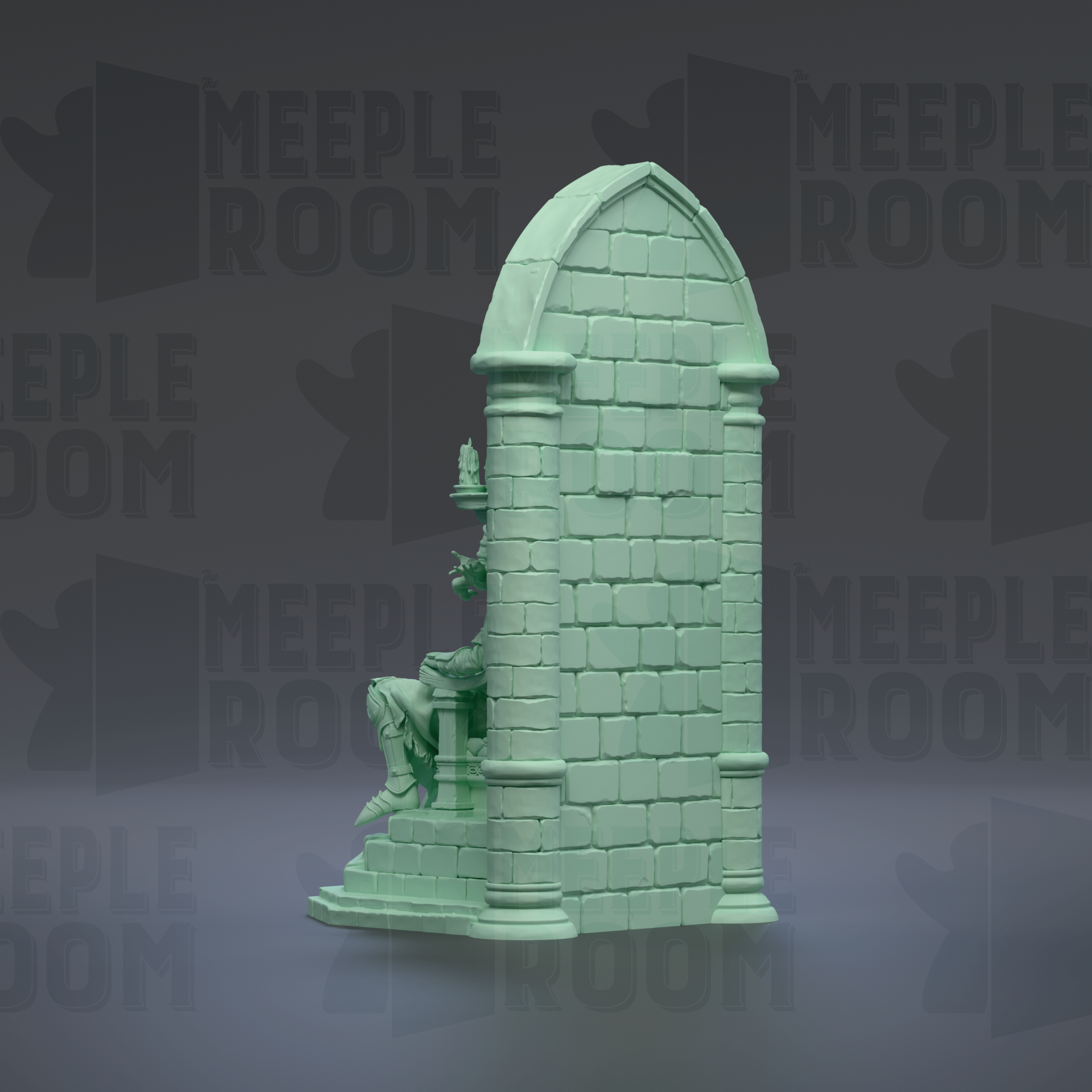 A green stone statue of a person sitting on a pedestal, with the word "MEIPLLE ROOM" repeated in the background.