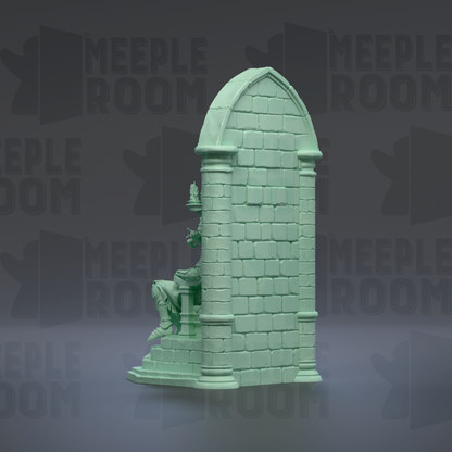 A green stone statue of a person sitting on a pedestal, with the word "MEIPLLE ROOM" repeated in the background.