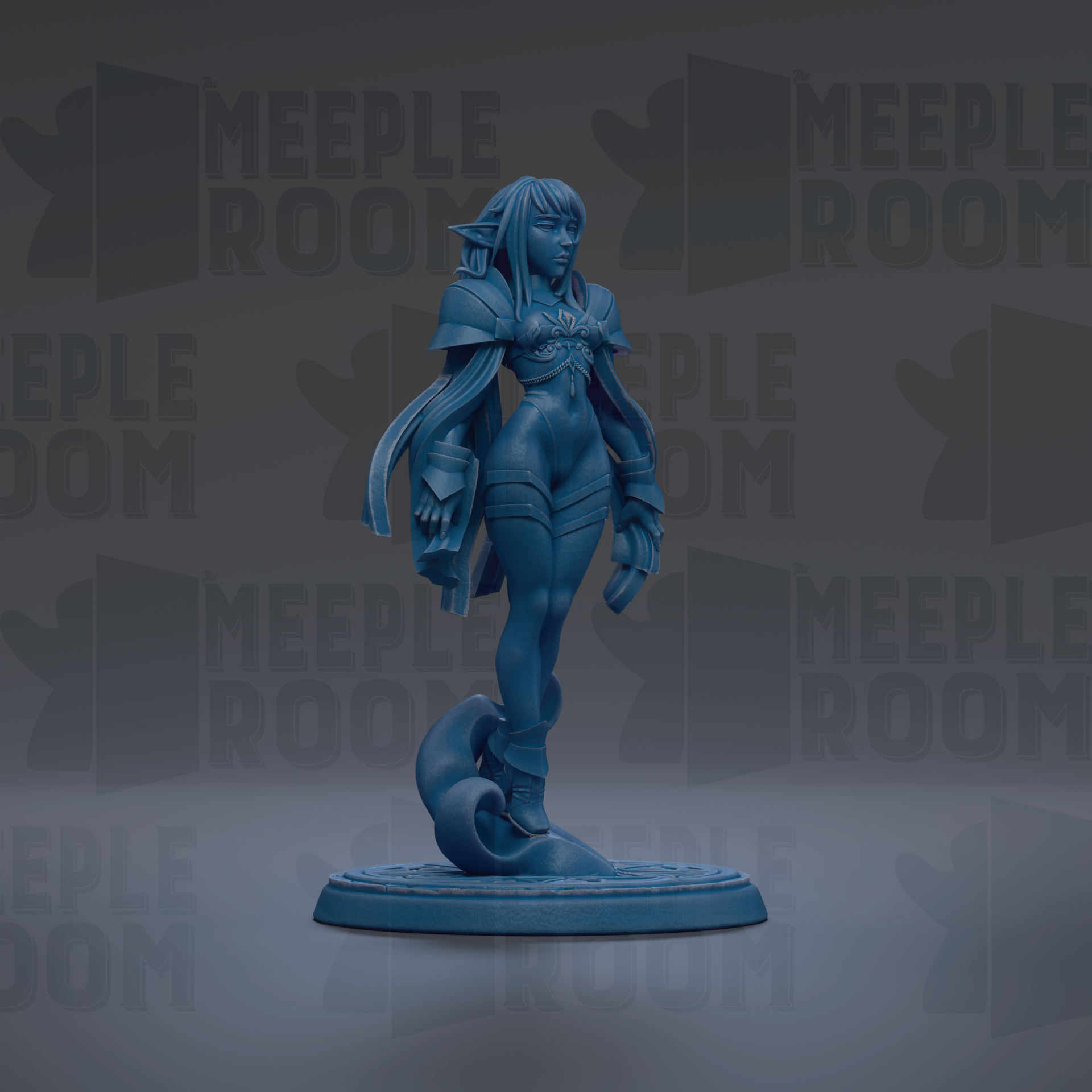 A blue figurine of a female character with long hair and a flowing skirt, standing on a platform.