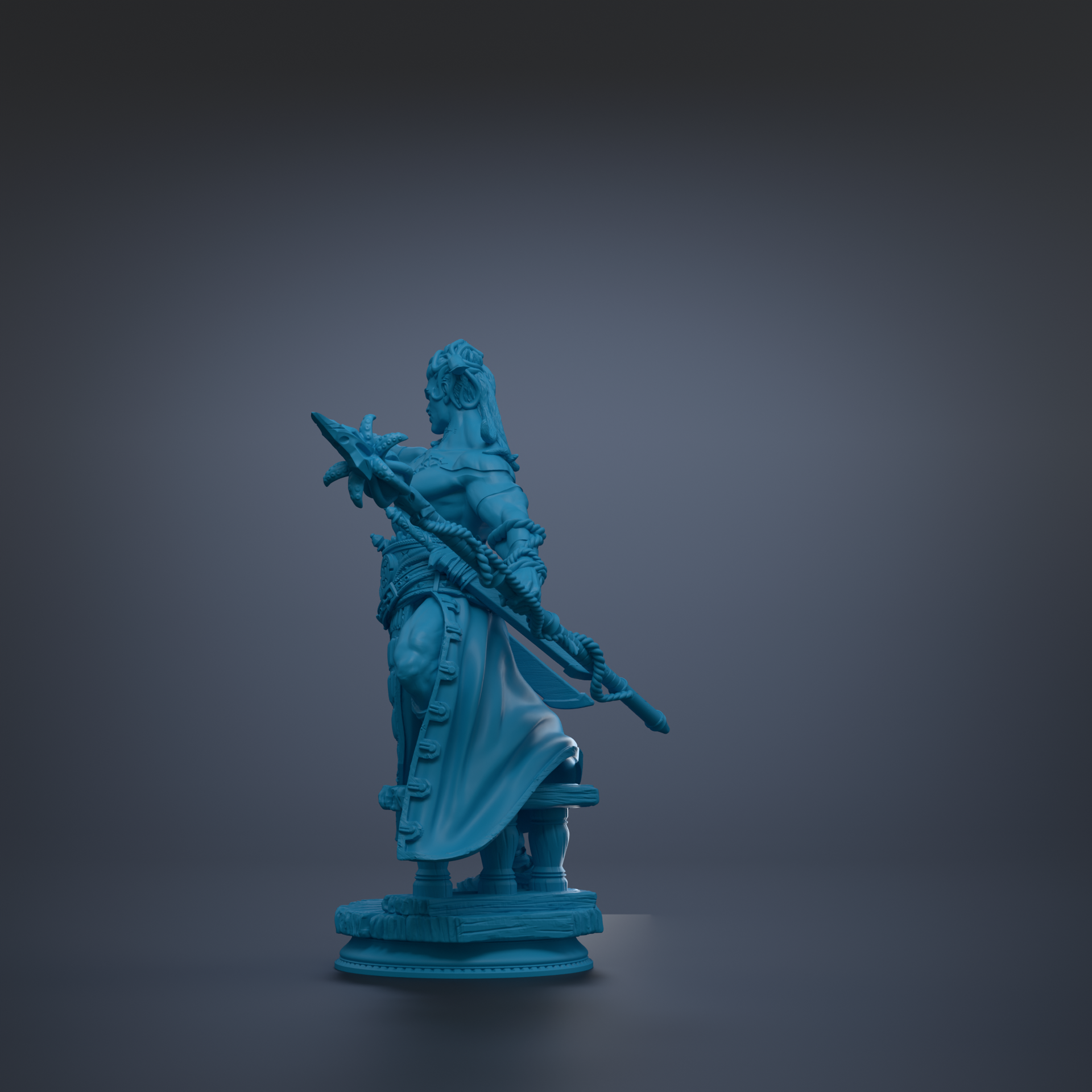 A blue statue of a warrior figure holding a sword and shield, standing on a pedestal against a dark background.
