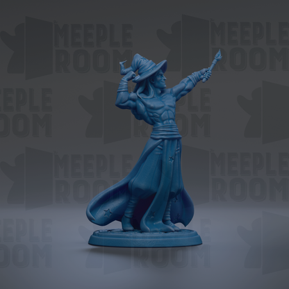 A blue figurine of a wizard or magical figure is shown in the image, with the text "MEUPLE ROOM" repeated in the background.