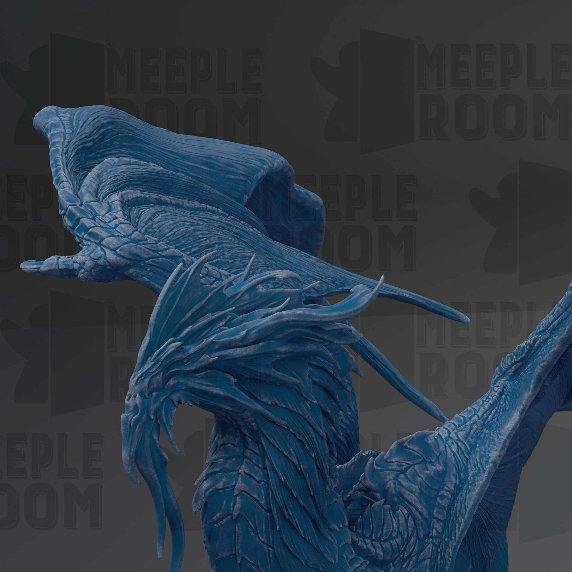 A detailed 3D rendering of a blue dragon-like creature with intricate scales and flowing wings, set against a dark background with repeated text.