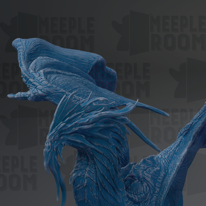 A detailed 3D rendering of a blue dragon-like creature with intricate scales and flowing wings, set against a dark background with repeated text.