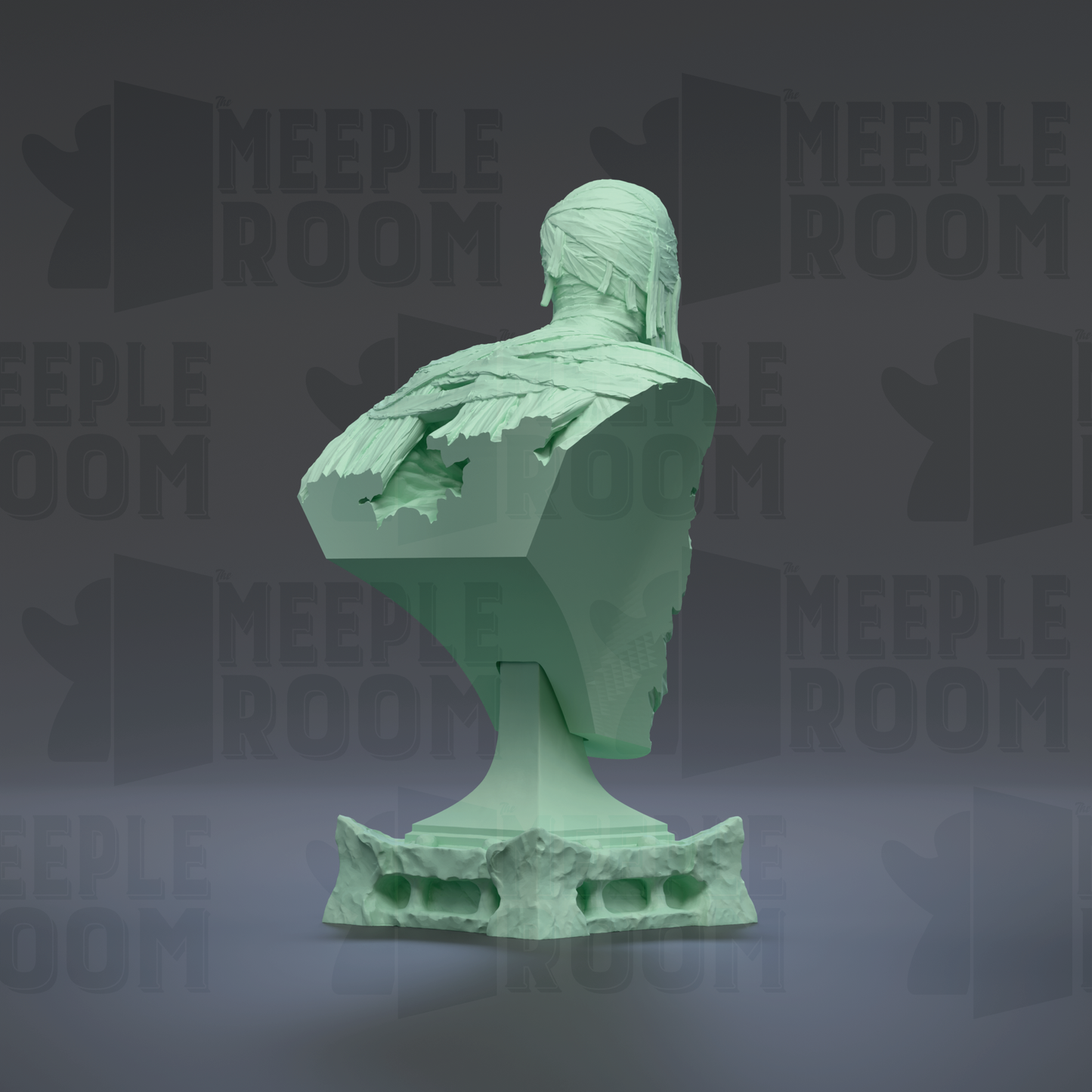 A green bust sculpture is displayed against a dark background with repeated text.