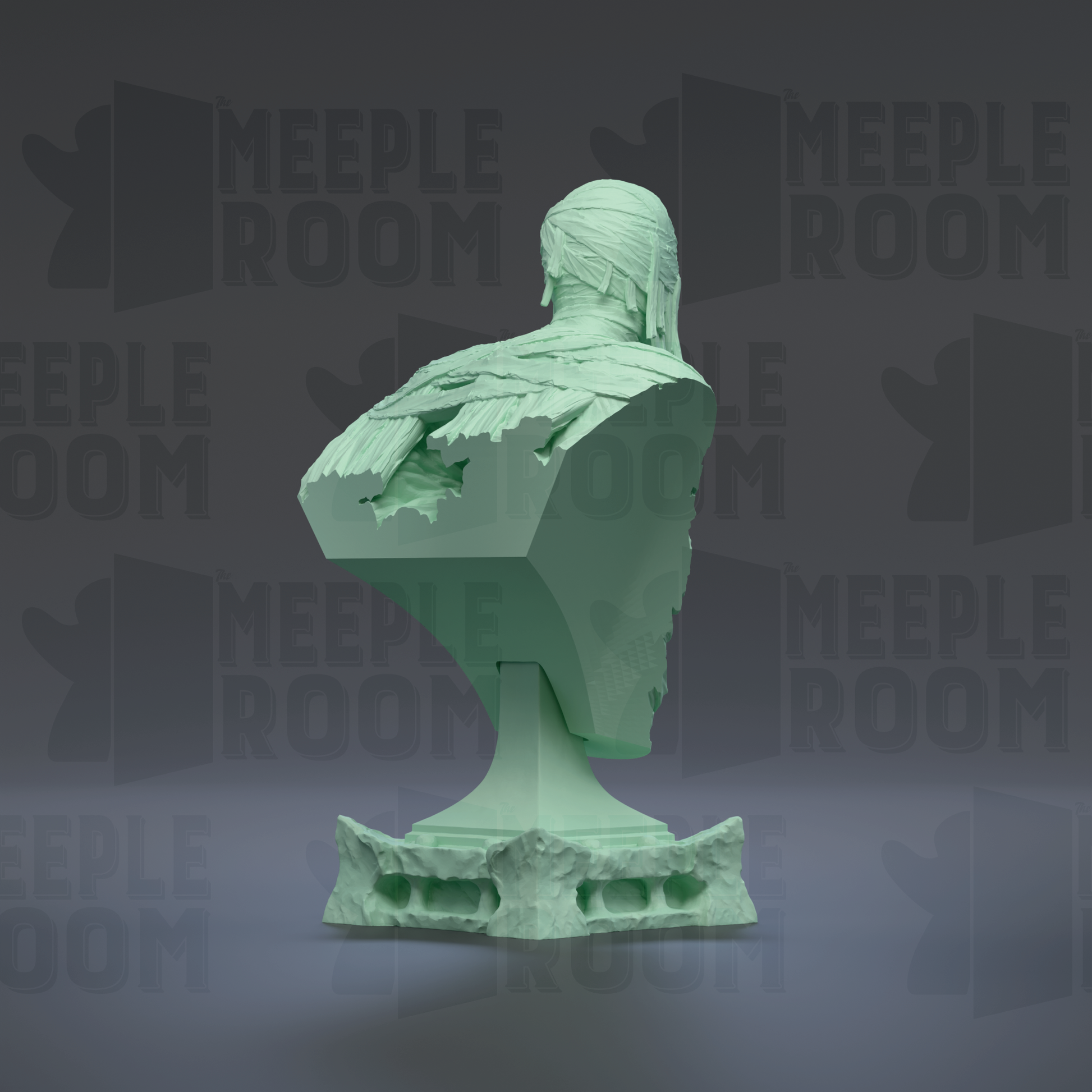 A green bust sculpture is displayed against a dark background with repeated text.