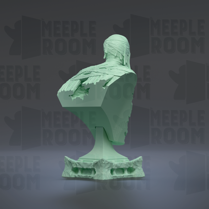 A green bust sculpture is displayed against a dark background with repeated text.