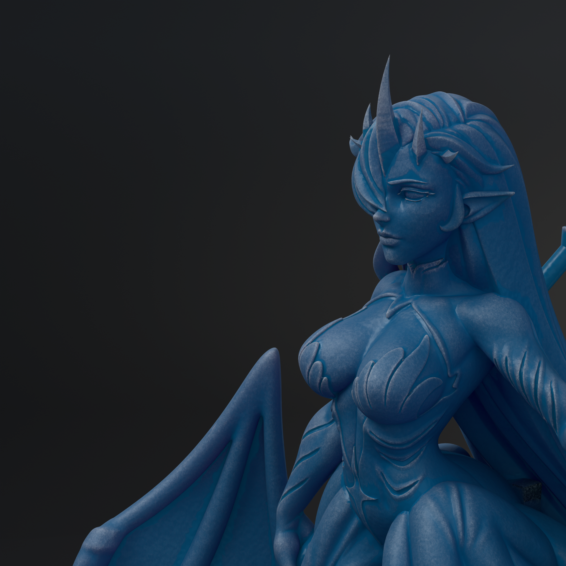 A blue, winged female figure with horns and a flowing, stylized hairstyle is depicted in the image.