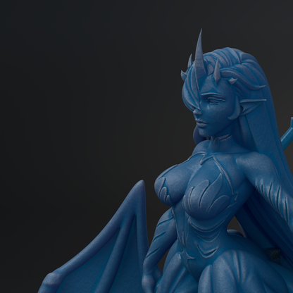 A blue, winged female figure with horns and a flowing, stylized hairstyle is depicted in the image.