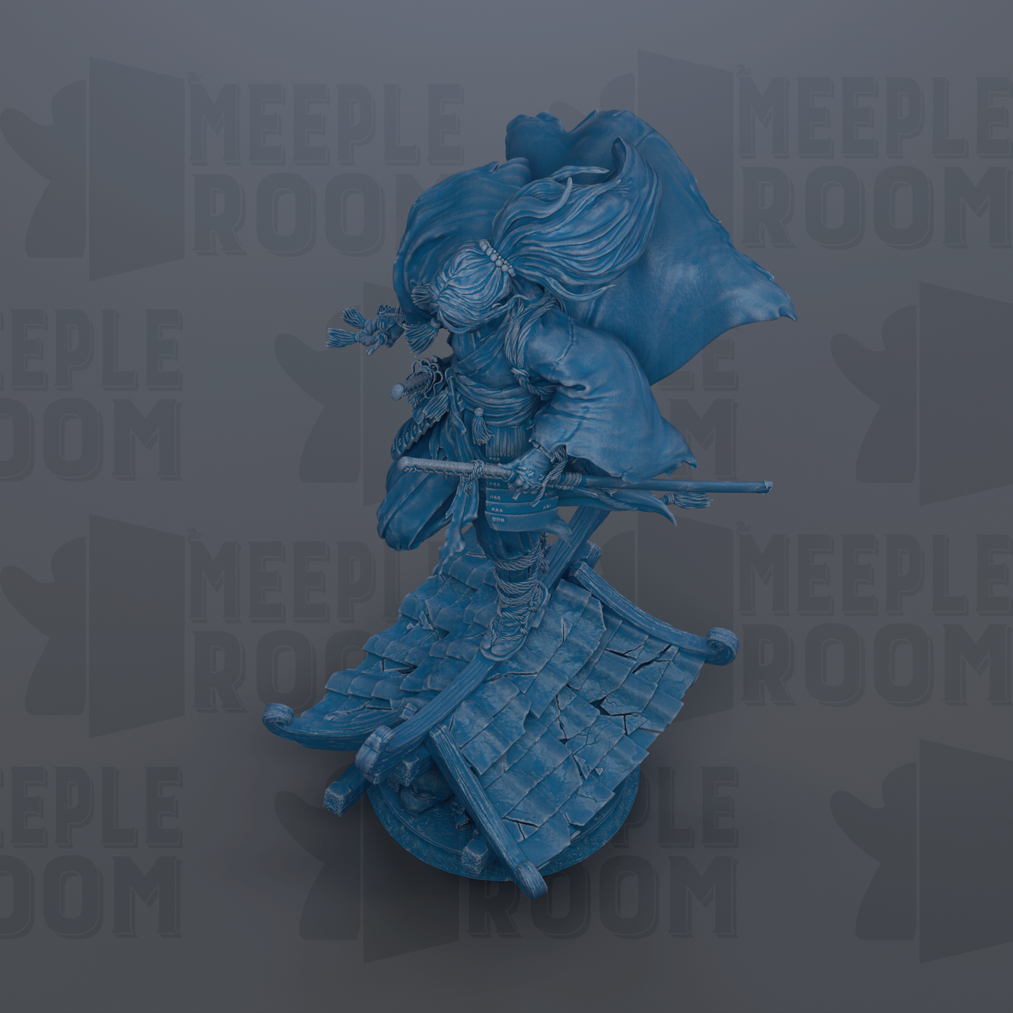 A blue, 3D-rendered statue of a figure with flowing hair and a flowing cape, holding a weapon, standing on a platform with a tiled roof.