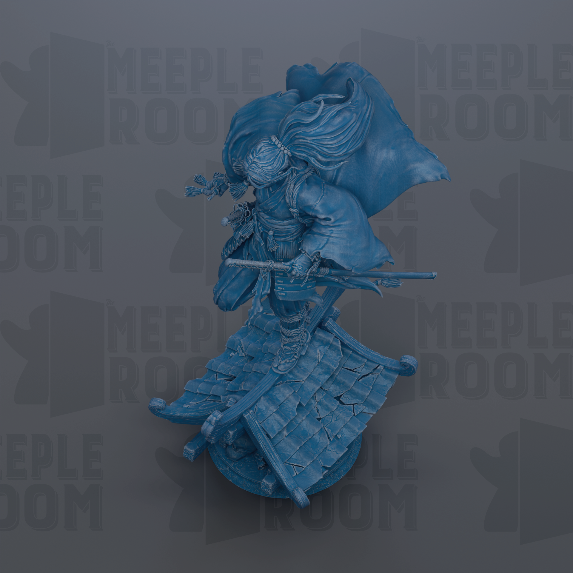 A blue, 3D-rendered statue of a figure with flowing hair and a flowing cape, holding a weapon, standing on a platform with a tiled roof.