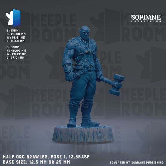 a detailed 3D rendering of a half-orc brawler figurine, with the pose and base size clearly visible.