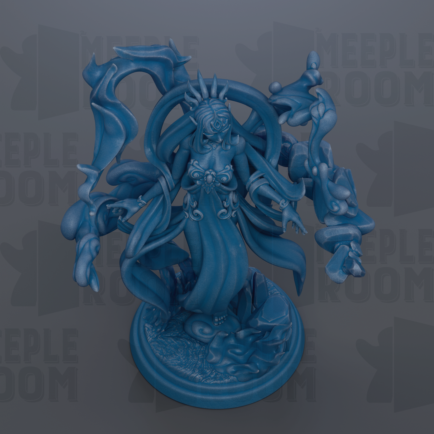 a blue, fantastical statue of a woman with an intricate, flowing design.