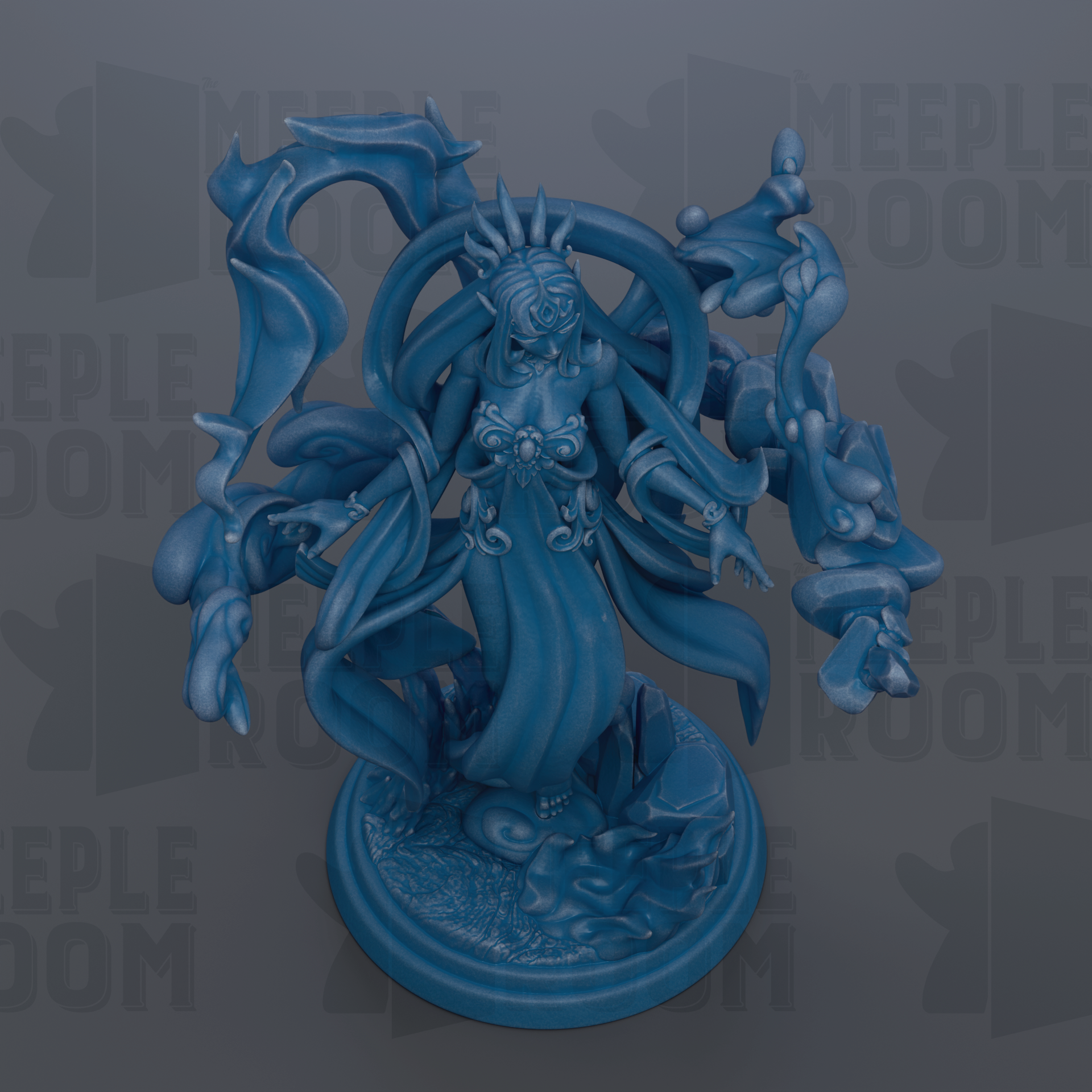 a blue, fantastical statue of a woman with an intricate, flowing design.