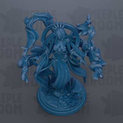 a blue, fantastical statue of a woman with an intricate, flowing design.