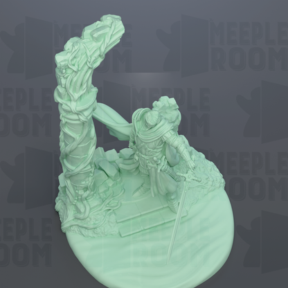 A 3D rendering of a green-colored figurine depicting a figure holding a sword and standing on a platform.