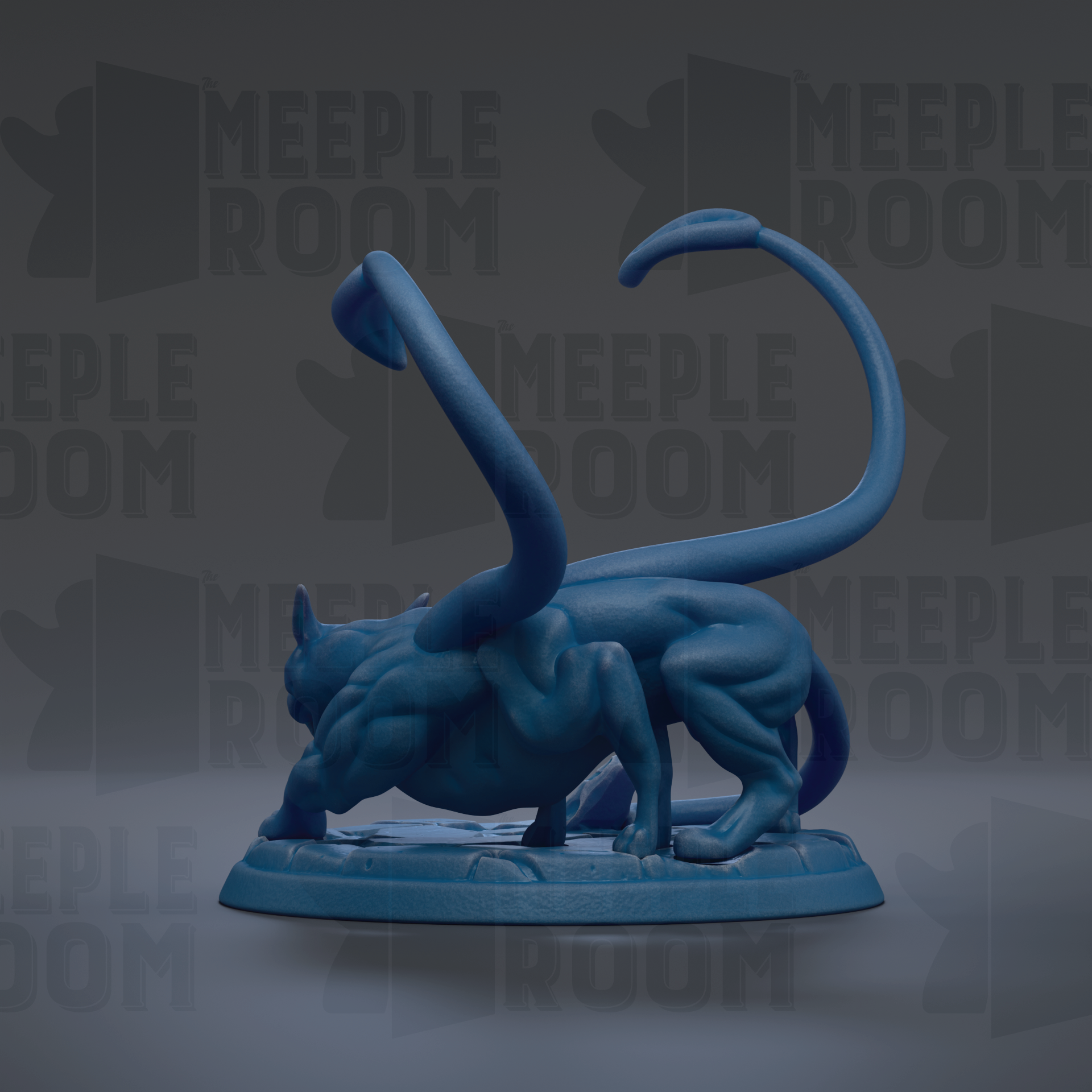 A blue, abstract sculpture of a creature with a long, curved tail and a muscular body, set against a dark background with repeated text.